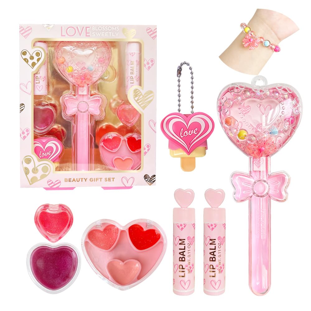 6-in-1 Heart Shine Lip gloss Set - 2 Lip Balms and Make Up Set and Magic Charm Bracelet