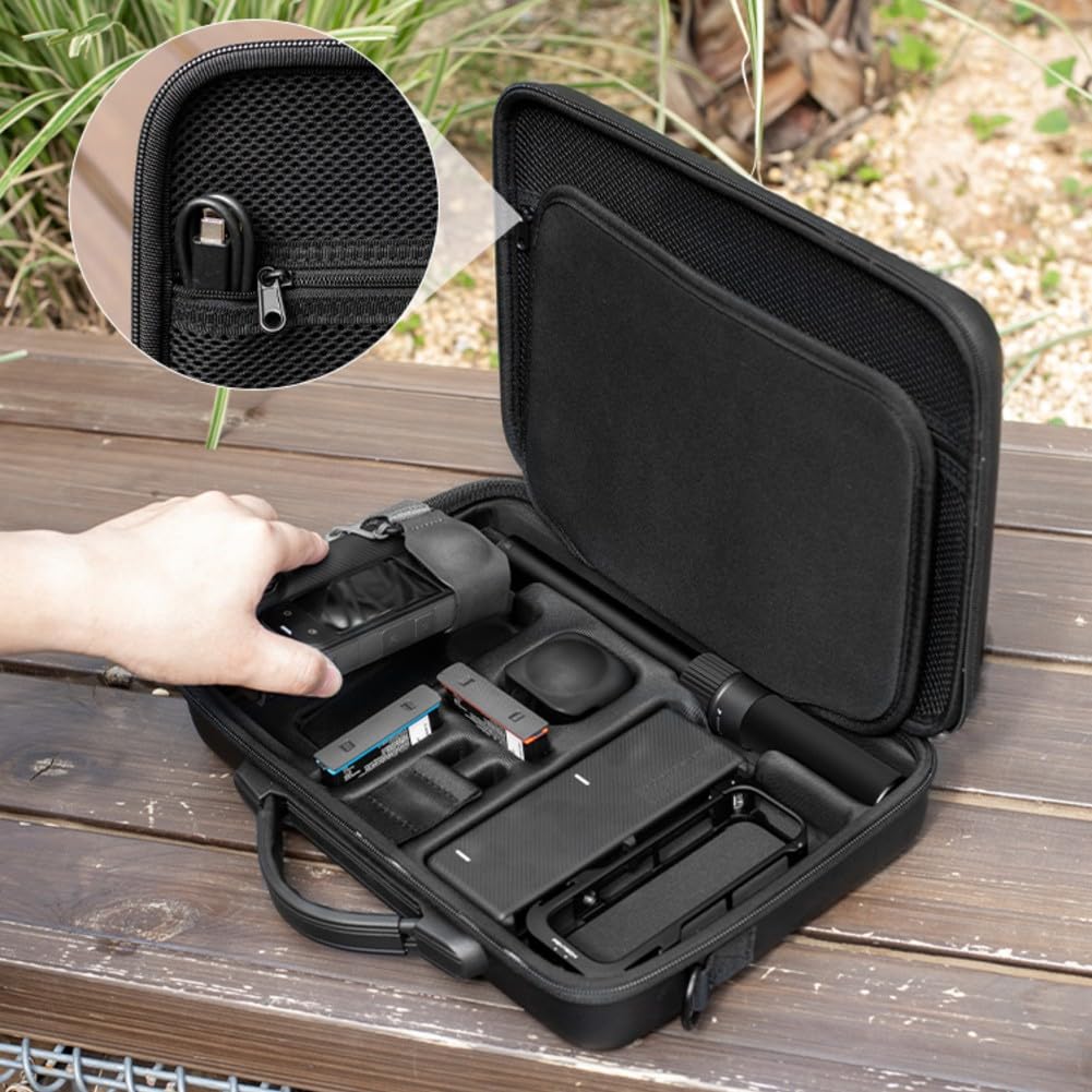 Tragetasche für Insta360 X5, harte PU-Reisetasche mit Schaumstoffeinlage für Kamera, Zubehör & 114 cm faltbares Selfie-Stativ, schützende Aufbewahrungsbox, Schwarz