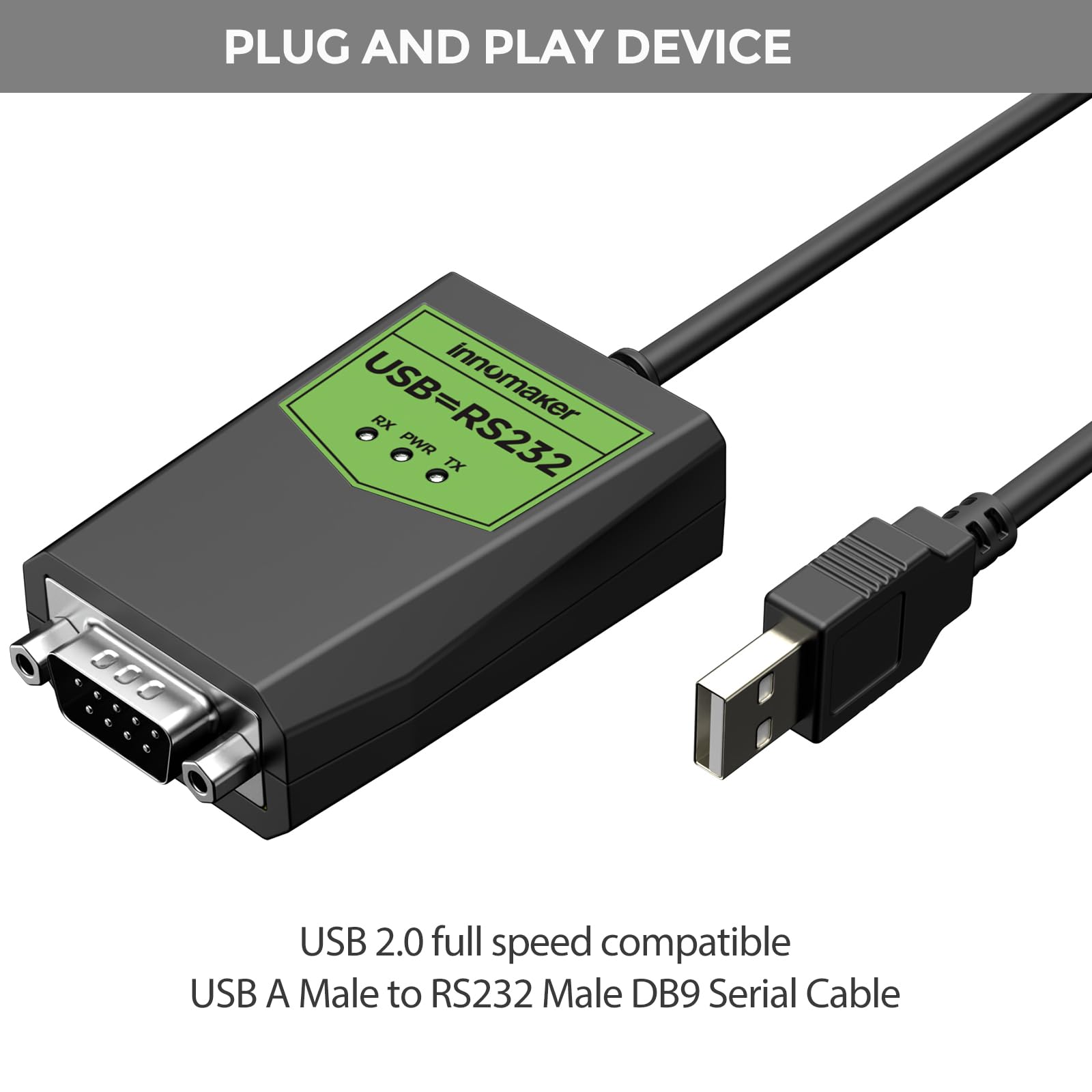 InnoMaker Przemysłowy adapter USB na szeregowy RS232, USB na DB9 męski, Chipset FTDI, Ochrona ESD, Izolacja sygnału/zasilania, Zgodny z Windows 11,10,XP, Mac OS, Android, Linux