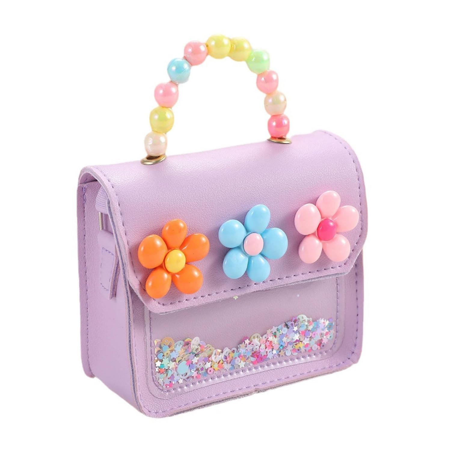 flavizo Girls Crossbody Bag with Colorful Floral, Beaded Handle & Glitter Window | Adjustable Strap Sling Purse for Kids Birthday Party & Outings-picture-21