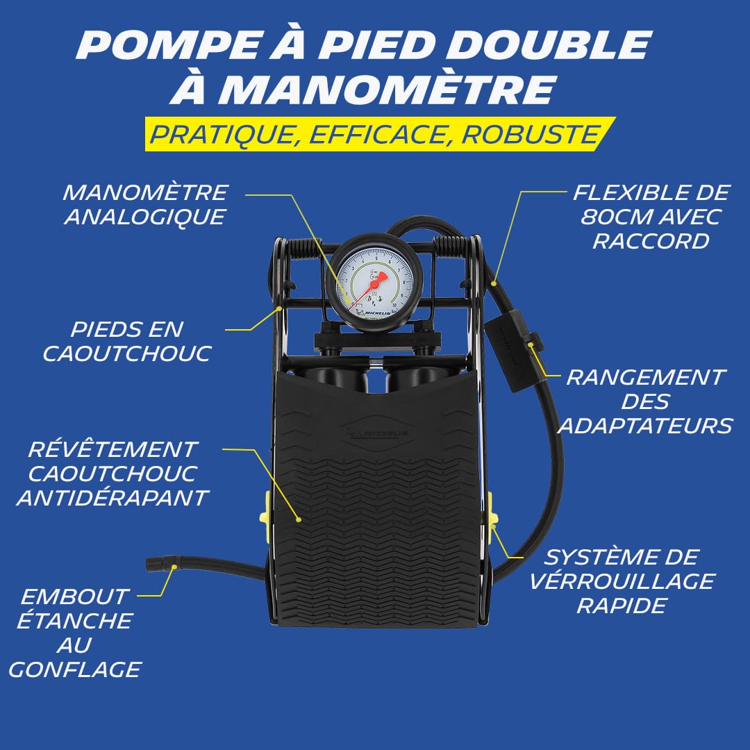 MICHELIN 009503 Pompe à Pied Double Piston avec Manomètre Analogique, 7 Bars, Flexible 80 cm – Gonfleur Vélo, Moto, Auto, Ballon – Haute Pression, Solide, Facile à Utiliser