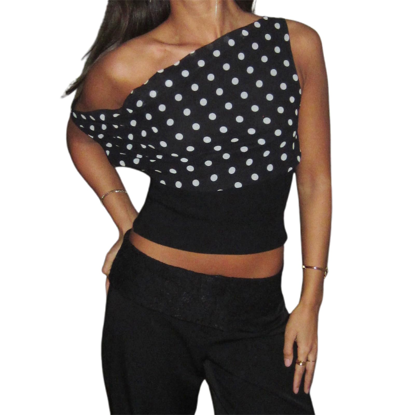 Eghunooye Women Polka Dot Off The Shoulder Top Sleeveless Asymmetrical One Shoulder Tank Top Lace Up Backless Crop Tops (Black, M)