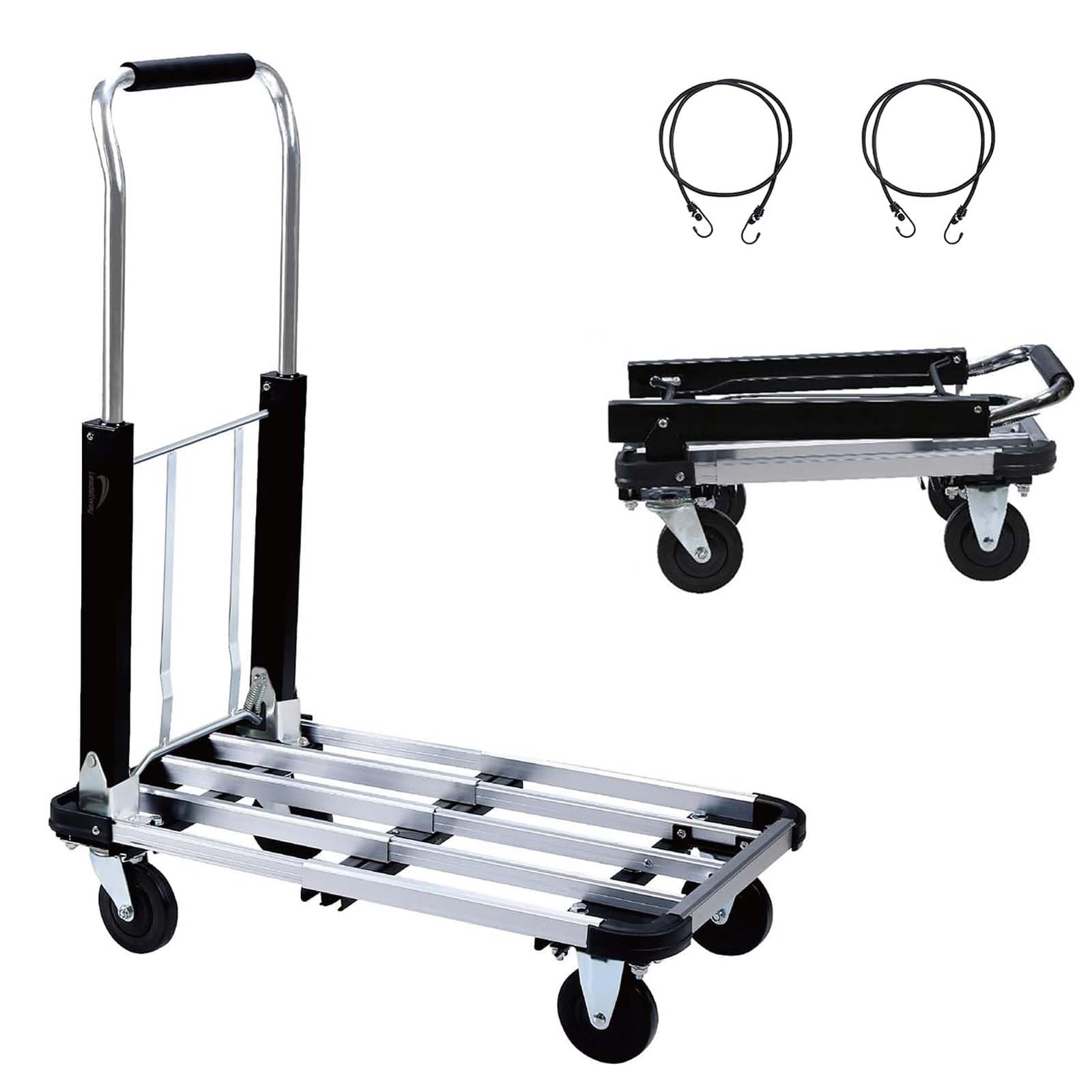 LEADALLWAY Foldable Push Cart Aluminum Alloy Platform Cart with 4-Wheel,Adjustable Length,330-LB Capacity(with 2 Ropes)