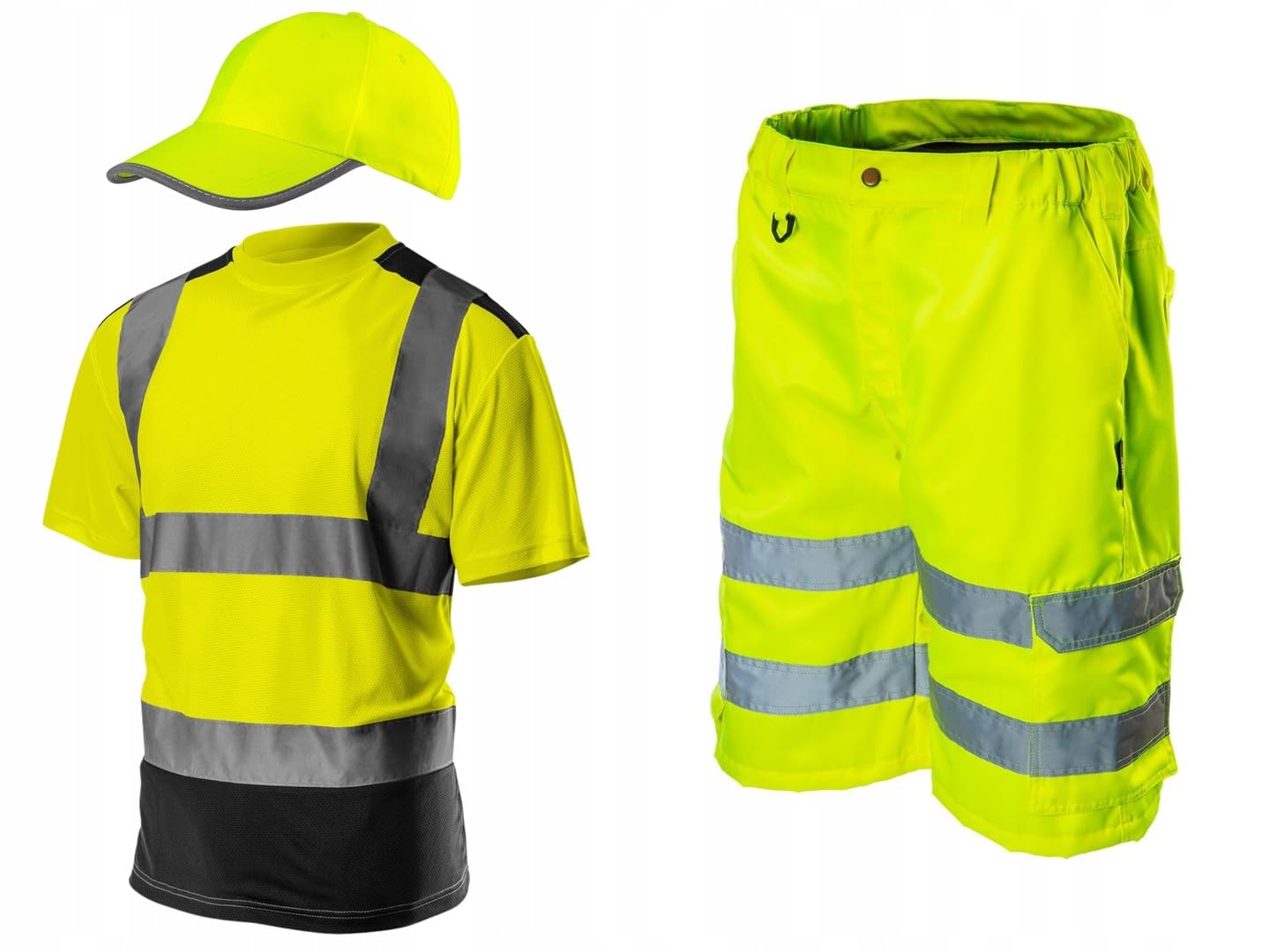 NEO TOOLS Szorty ostrzegawcze męskie rozm. S-XXL (żółty/pomarańczowy) | lub zestaw z koszulką i czapką | strefy odblaskowe, wysoka widoczność, kieszenie wielofunkcyjne