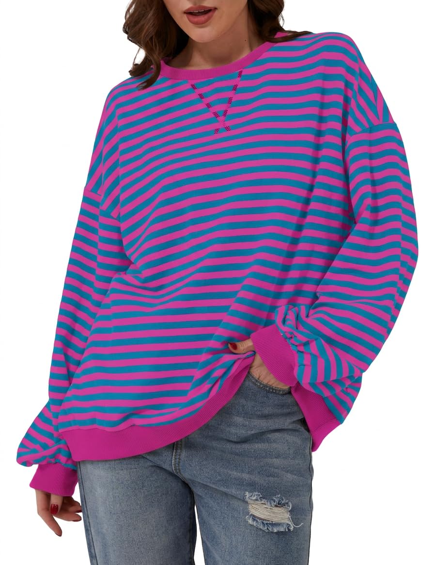 Chicrise Sudadera para mujer de gran tamaño, a rayas, bloque de color, manga larga, de punto, cuello redondo, parte superior suelta