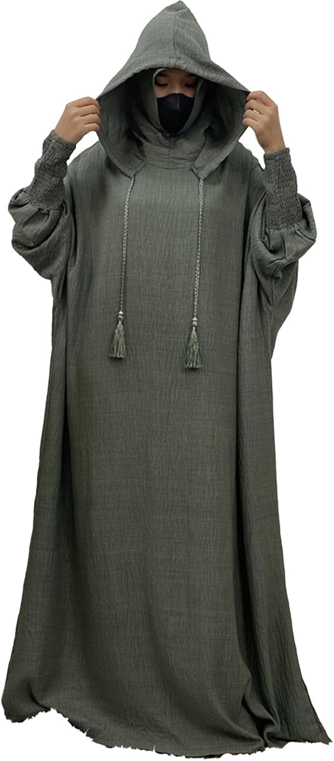 FZYLQY Womens Muslim Abaya Long Sleeve Hooded Kaftan Maxi Dress Loose Fit Islamic Jilbab with Tassel Details for Prayer