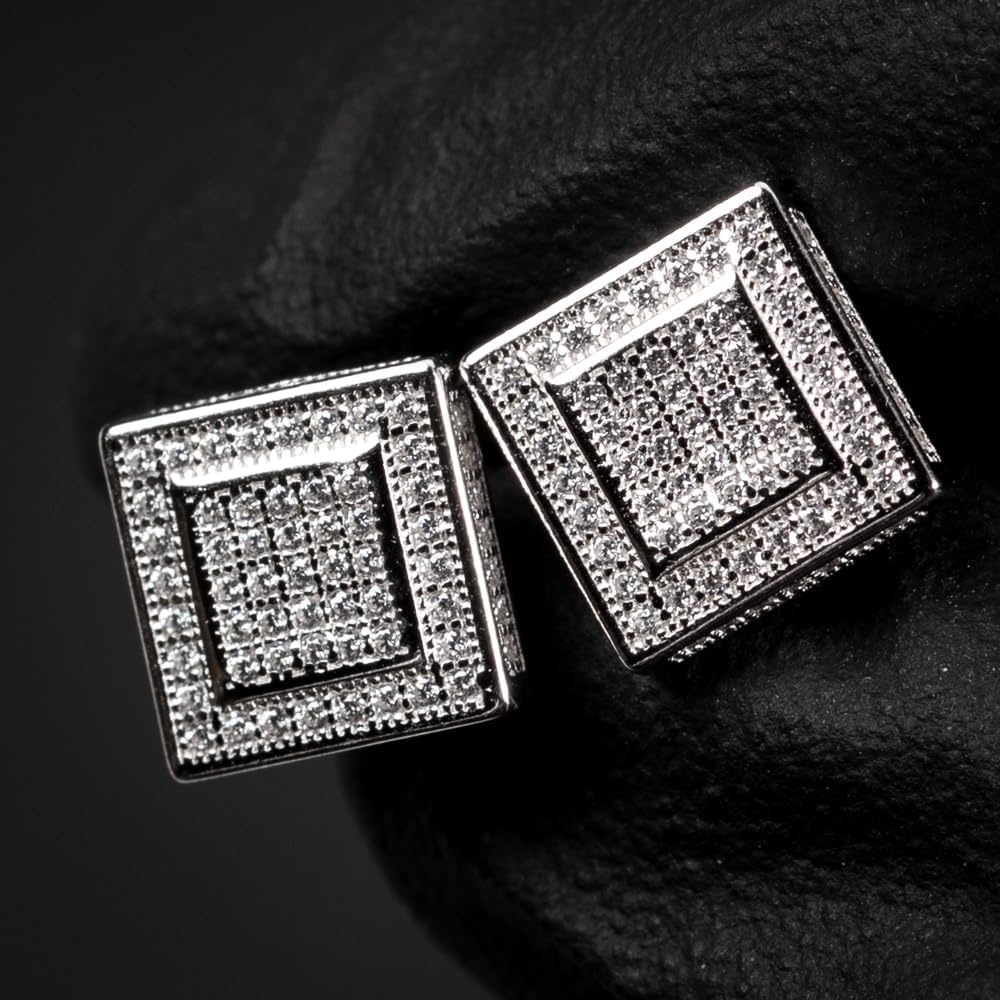 Men’s Micro Pave 3D Iced 5A Cz Halo Square White Gold 925 Sterling Silver Hypoallergenic Hip Hop Screw Back Post Stud Earrings For Men Women - Image 2