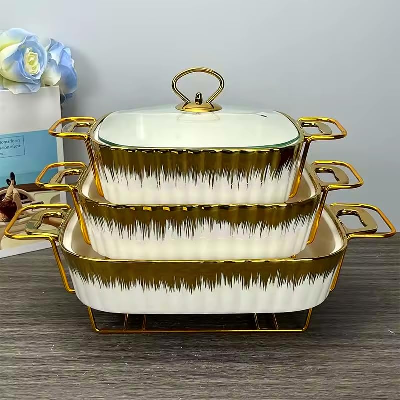 3 Piece Set Ceramic Casserole Dish with Glass Lid and Rack, 1.6/1.9/2.4 Quart Serving Soup Tureen,Chafing Dish for Buffet, Family Food preserve Tray, Catering Casserole for Party Style,Golden