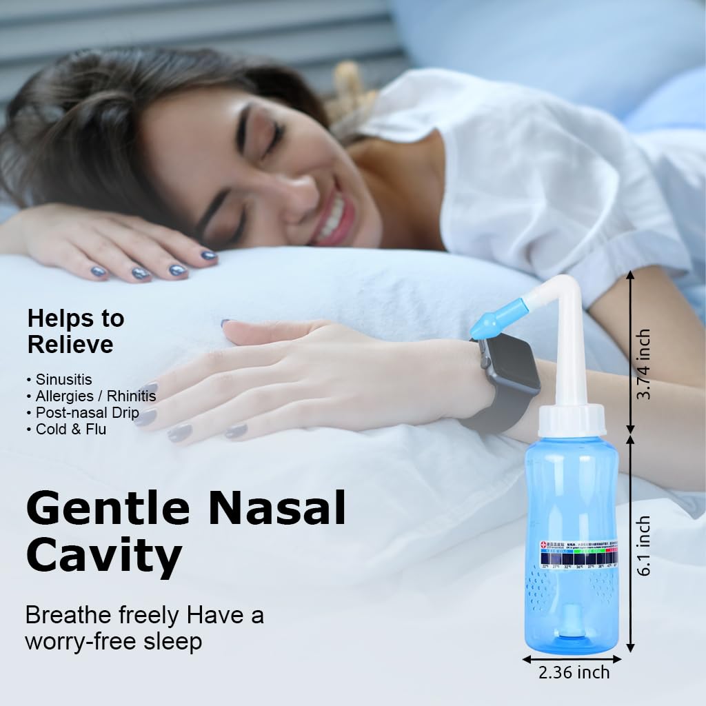 HANNEA Jal Neti Bottle 300ML, 2 Nozzles, 40 Salt Packs, Nasal Rinse Kit 4