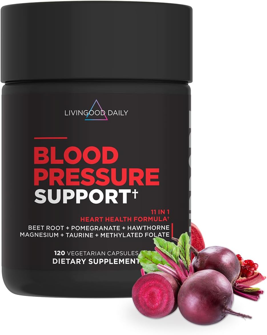 Livingood Daily Blood Pressure Support, Heart Health Supplement for Men & Women with Beet Root, Pomegranate, Hawthorn, Magnesium & Taurine, Cardiovascular Support Formula, Vegan, 120 Capsules