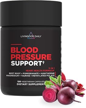 Livingood Daily Blood Pressure Support, Heart Health Supplement for Men & Women with Beet Root, Pomegranate, Hawthorn, Magnesium & Taurine, Cardiovascular Support Formula, Vegan, 120 Capsules