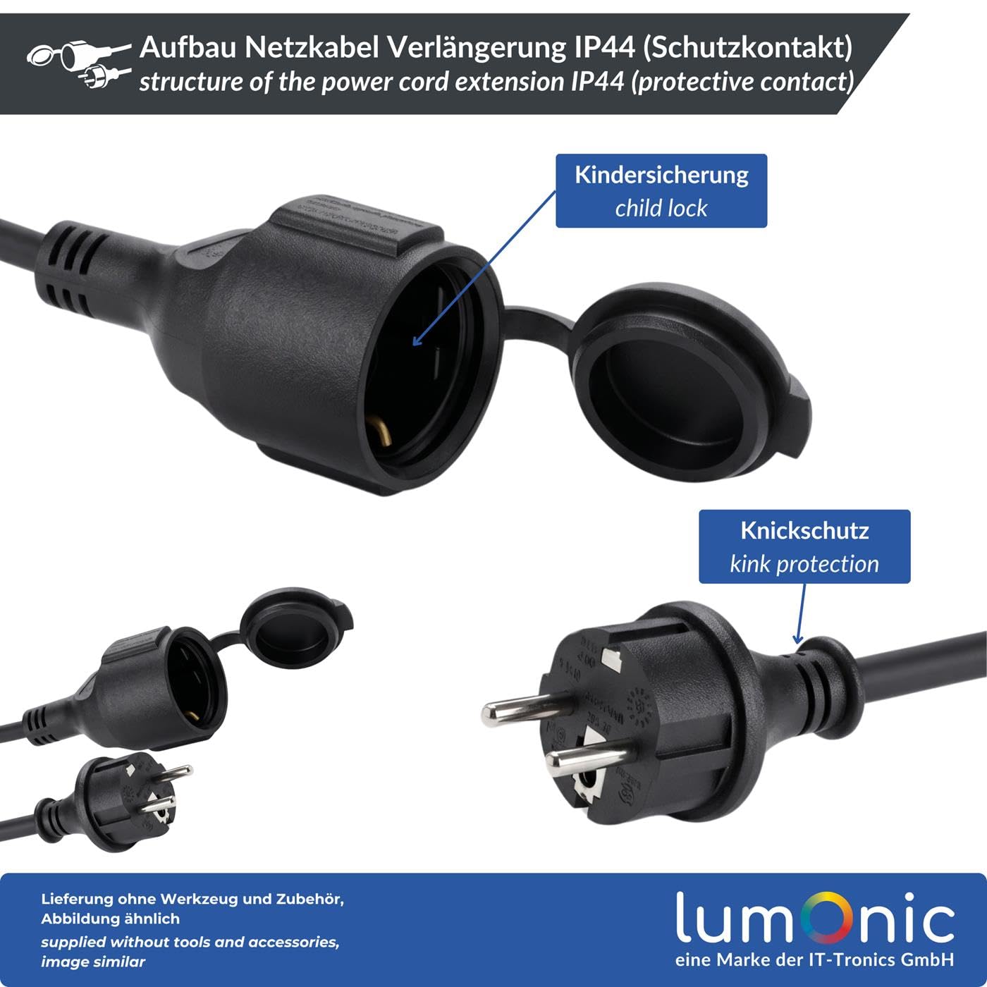 Lumonic Cable alargador Schuko IP44 de goma, negro, 50 m, 230 V - Revestimiento flexible de goma, para jardín y taller, protegido contra salpicaduras según la norma IP44, toma con tapa protectora y se