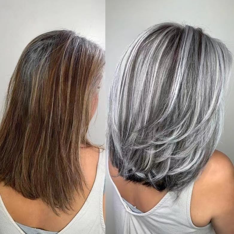 Miniatura 2 de Aisaide Peluca corta gris plateado degradado con reflejos en capas con flequillo de cortina, pelucas grises para mujer, peluca gris sintético