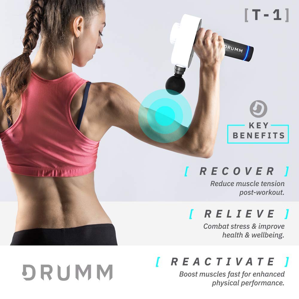Bluefin Fitness Pistolet de Massage DRUMM T-1 | Massage par Percussion des Tissus Profonds | Attaches x6 | Silencieux | Rapide | Caisse de Transport | Sans-Fil | Moteur Sans Balais