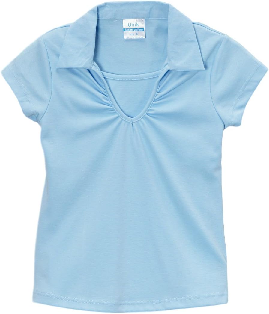 unik Girl's Uniform V-Neck Collar Shirt Short Sleeve Great for School Burgundy Navy White Sky Blue Green Purple Yellow Red