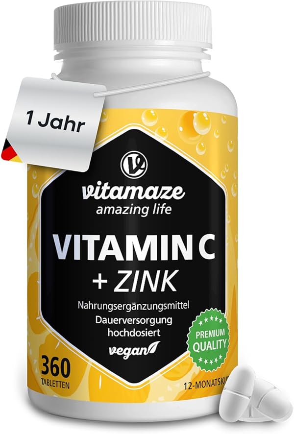 Vitamin C hochdosiert 1000 mg + Zink, 360 Tabletten für 1 Jahr, vegan & optimal bioverfügbar, Natürliche Nahrungsergänzung ohne unnötige Zusatzstoffe, Made in Germany