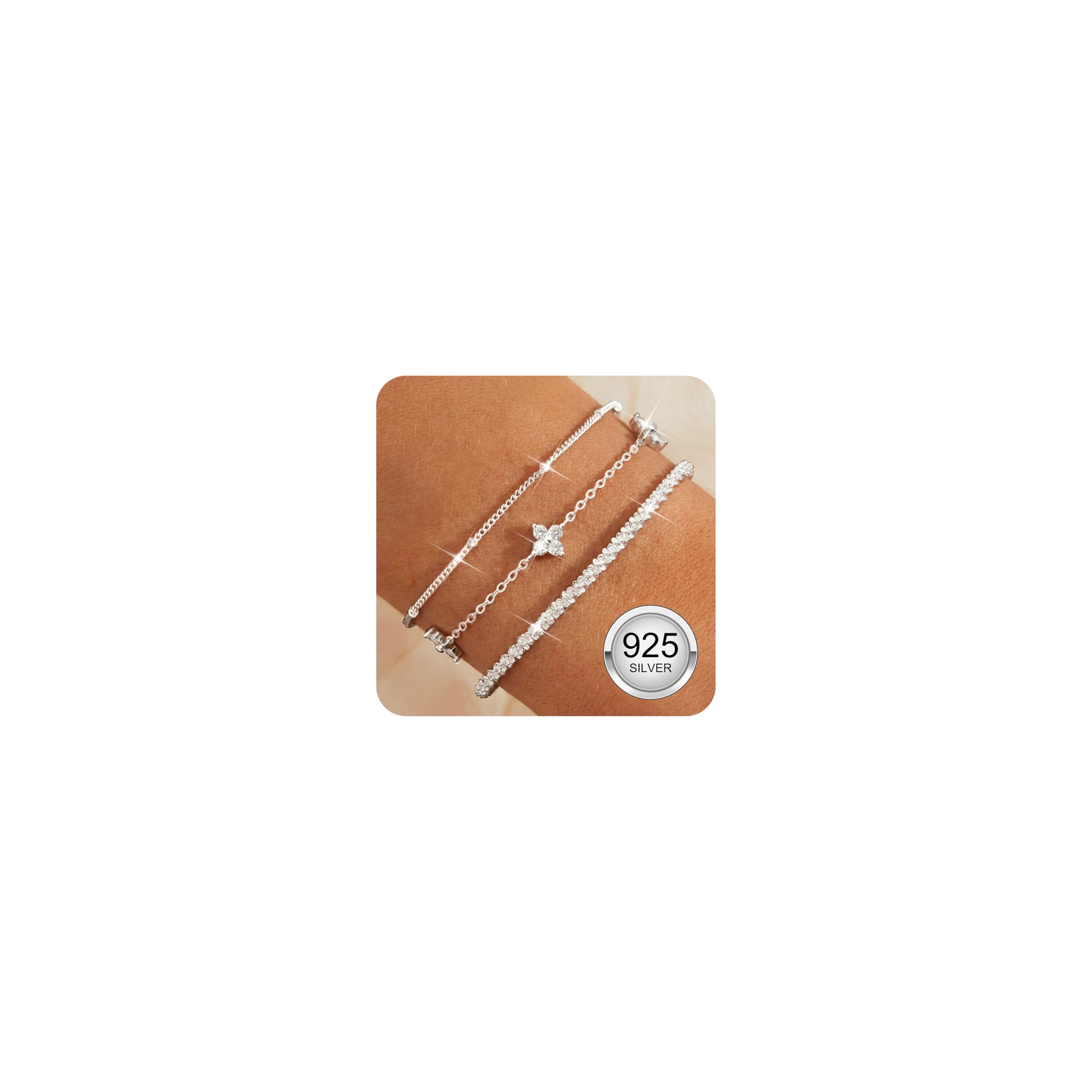 Diamday 3 Piezas Pulsera Mujer Plata de Ley 925 Pulseras Mujer Ajustable Pulsera Plata Oro Dainty Apilables Beaded Cadena Circón Juego Pulseras Plata de Ley 925 Joyas Mujer Regalos
