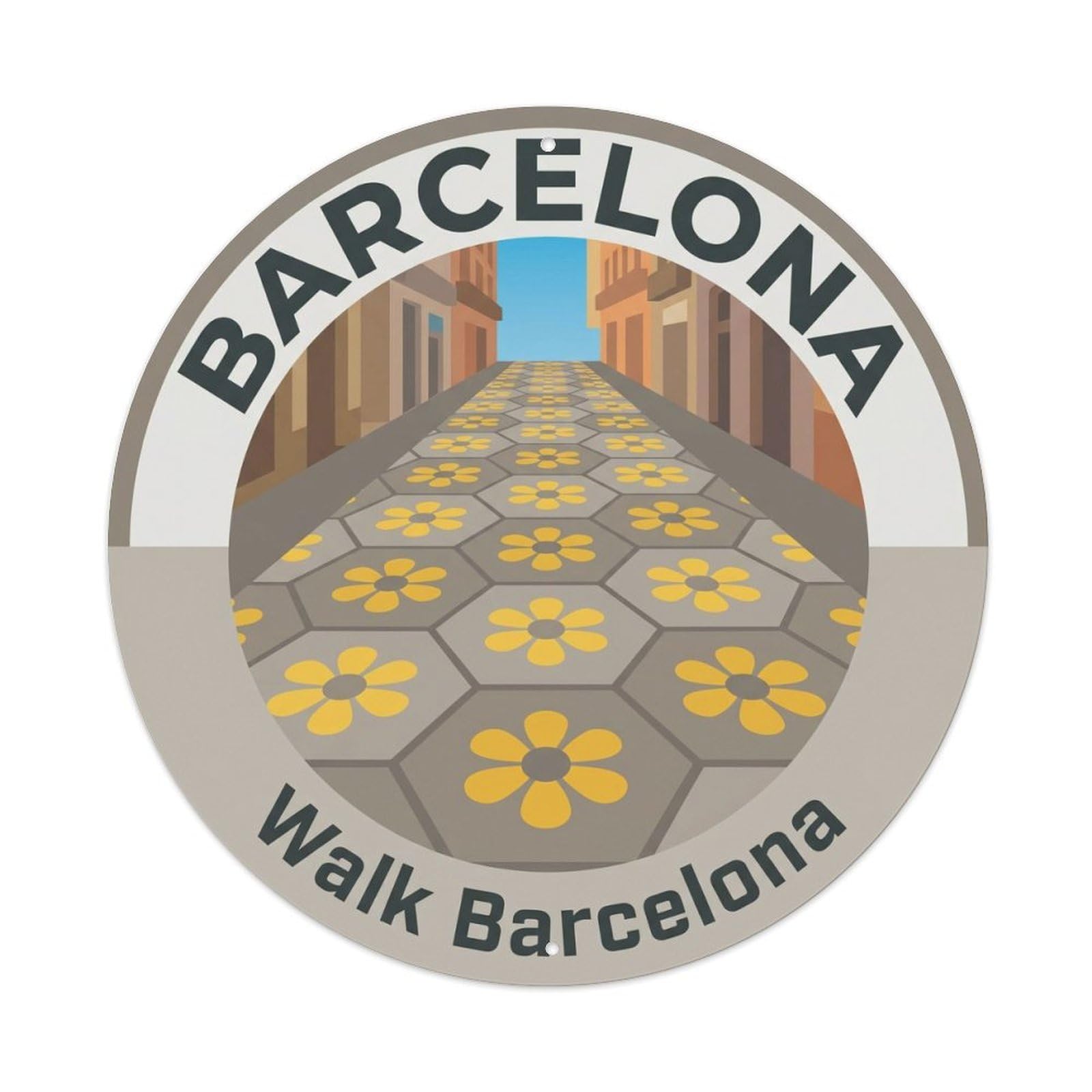 Vintage Travel Barcelona Pavement Mosaic Floor Metal Tin Sign Plaque Wall Decor for Cafe, Club, Garden Round Metal Poster 8x8Inch