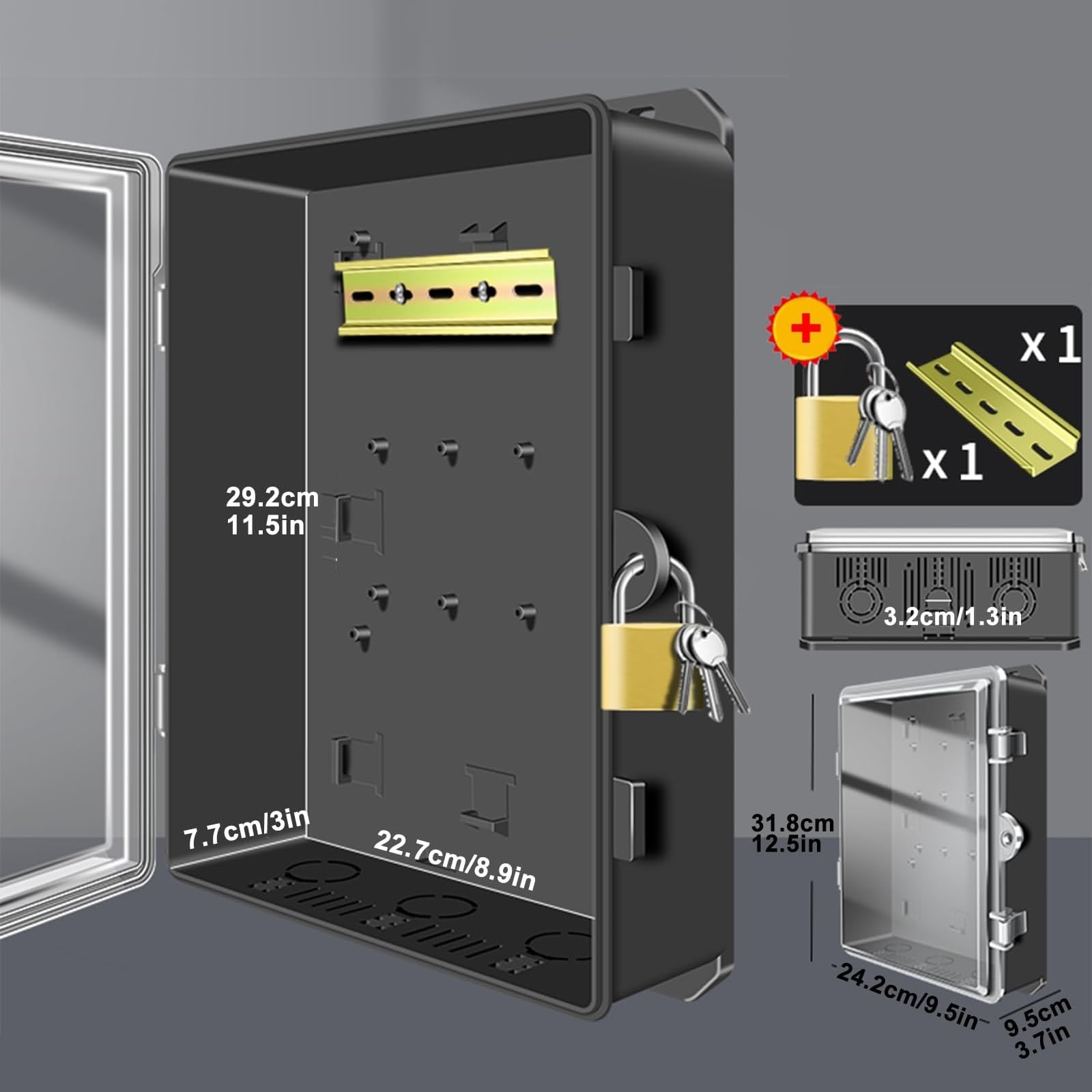 Caja Estanca Exterior Electrica Cierre de Seguridad, Caja Registro Electrico Transparente con Montaje Riel Para Uso Interiores y Exterior(24.2x31.8x9.5cm/9.5x12.5x3.7in)