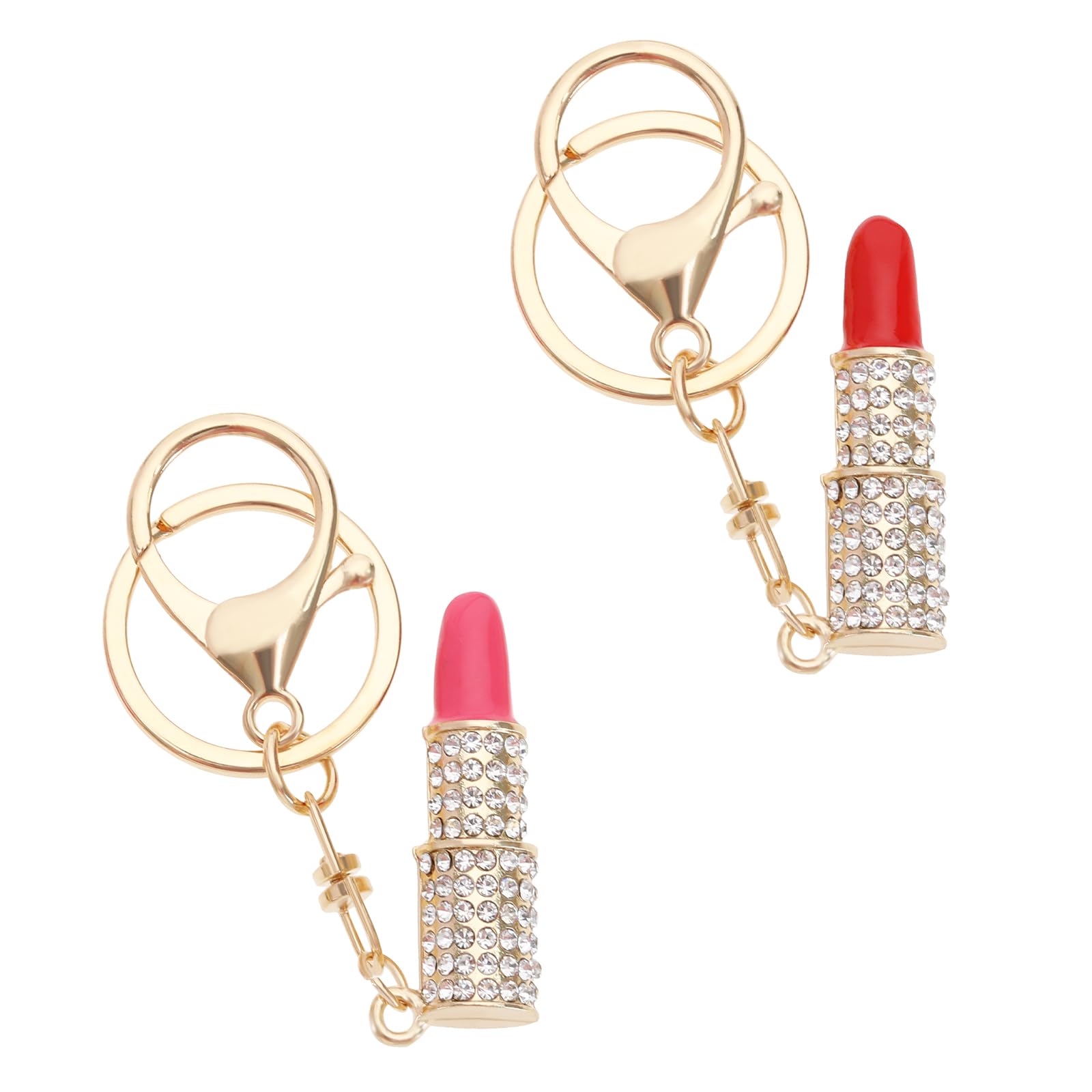 EMSea 2 portachiavi a forma di rossetto, colore rosso/rosa rosso, con ciondolo a forma di rossetto, portachiavi da donna con strass di cristallo, moderni portachiavi luccicanti, rosso, rosso rosa