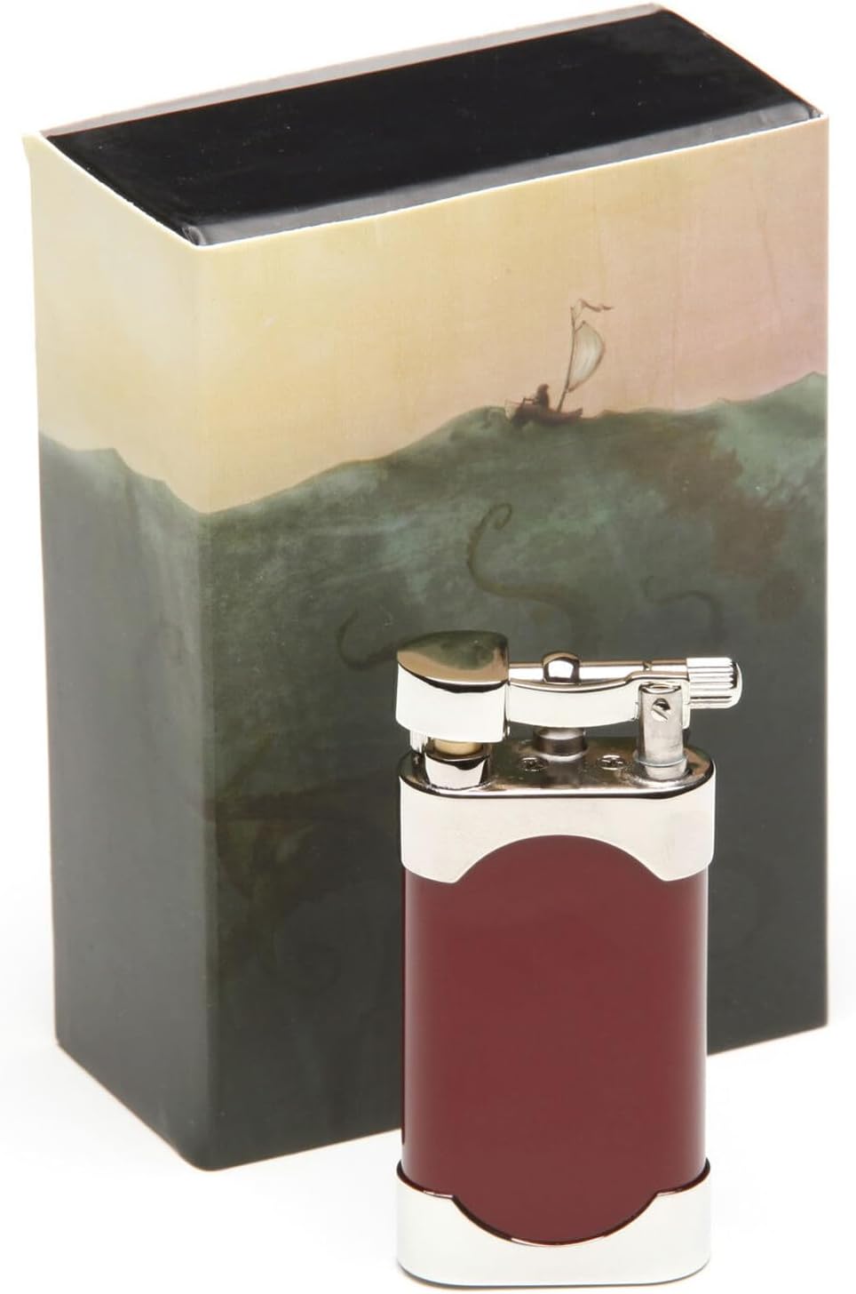 Mikazuki Japanese Dual Flame Pipe Lighter - Refillable, Angled & Adjustable Soft-Flame, Travel Friendly, Small Pocket Size, Flip Top, Uses Butane (Red)