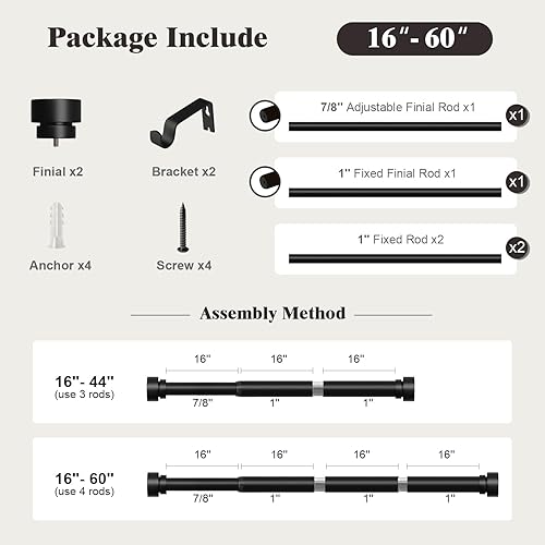 Miniatura 8 de Oneach Barras de cortina negras para ventanas de 28 a 48 pulgadas, juego de barras de cortina de metal resistente de 1 pulgada de longitud