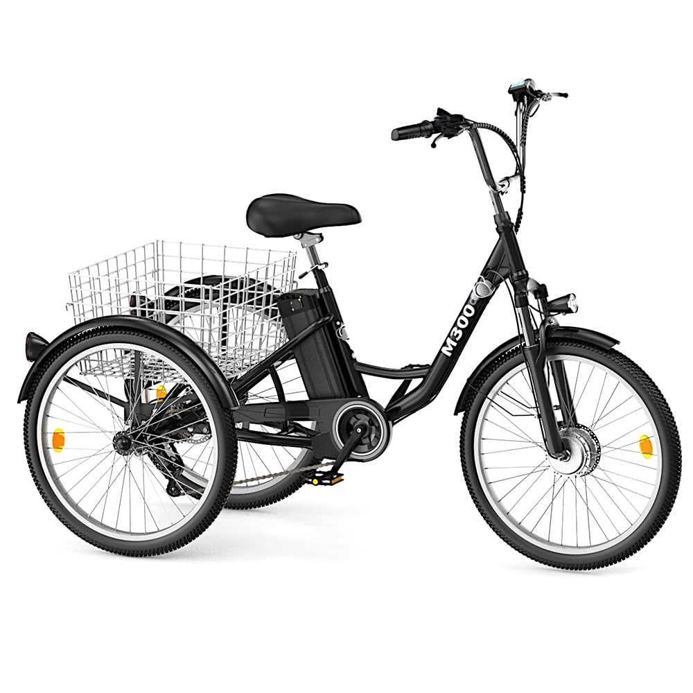 Triciclo elettrico per adulti, bicicletta elettrica da 24", per uomo e donna, con batteria da 36 V, 15 Ah, fino a 50 km, motore da 250 W, con display LCD, 25 km/h, cestino anteriore e