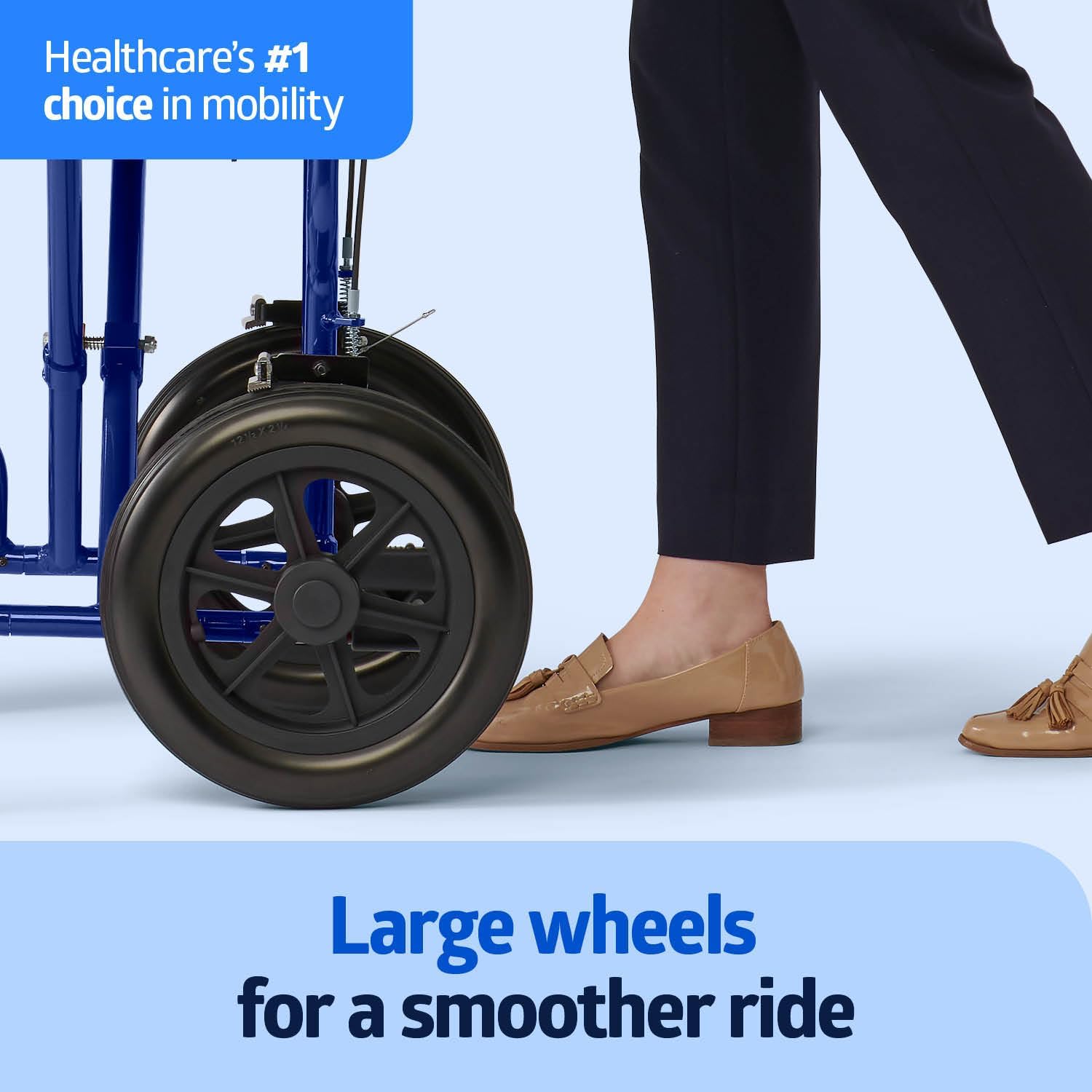 Close-up of the large rear wheels of the wheelchair