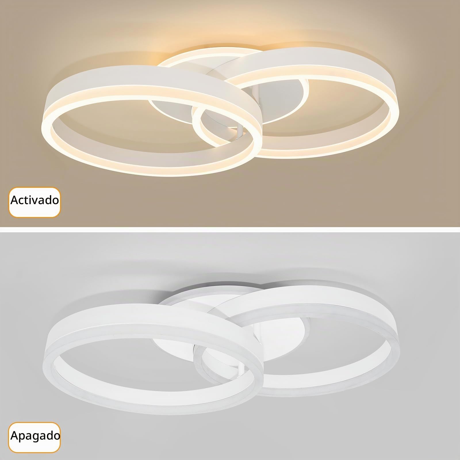 Plafón LED Moderno 2 Anillos 36W 3000K Luz Cálida, Sin Parpadeo, Material Acrílico, Iluminación para Salón, Dormitorio, Oficina, Ahorro de Energía 50CM