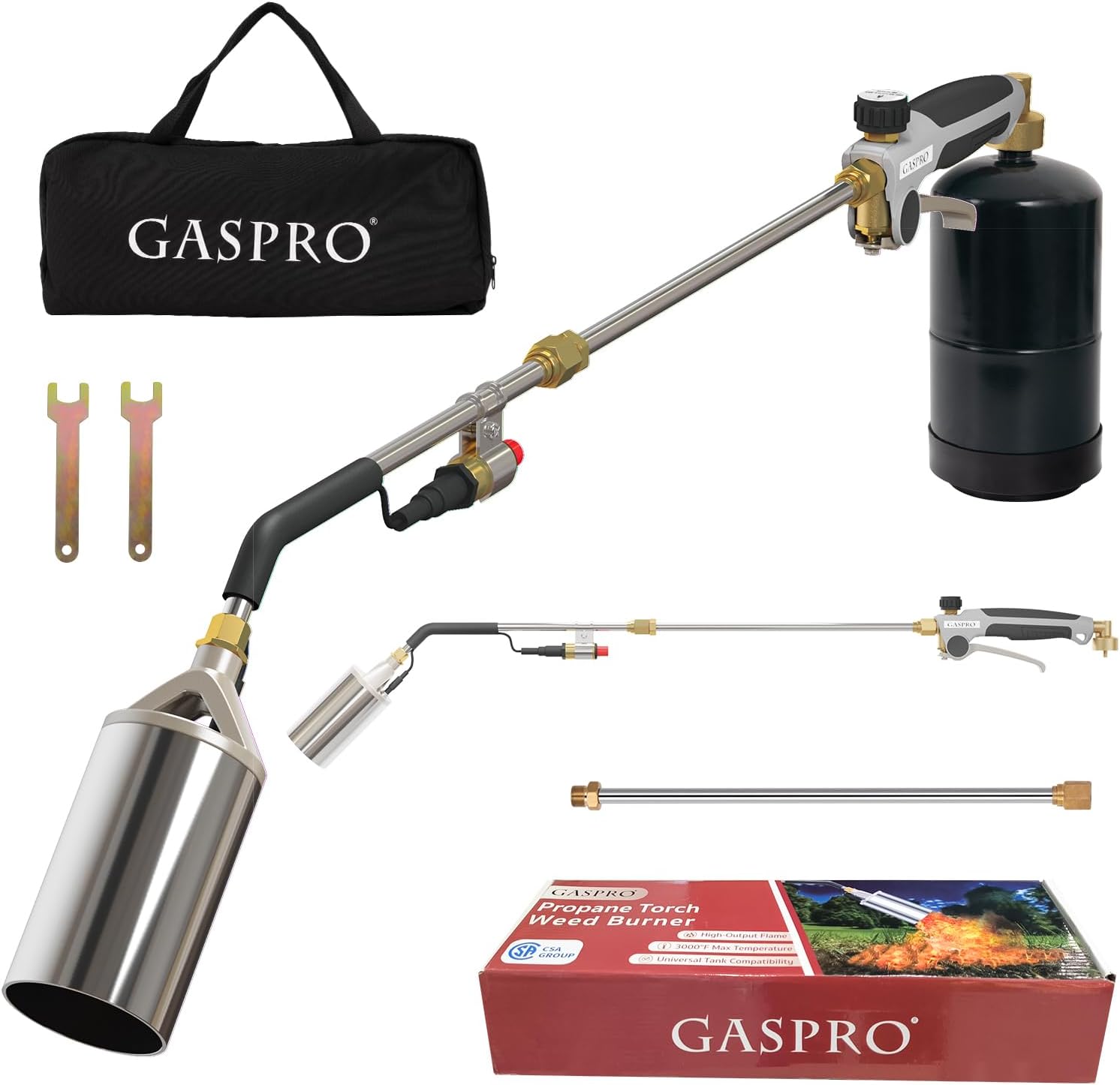 GASPRO Propane Torch Weed Burner Kit, High Output Weed Torch Flamethrower Detachable Long Arm Heavy Duty Blow Torch with Long/Short Mode for Garden, Melting Ice & Snow BBQ（Gray）