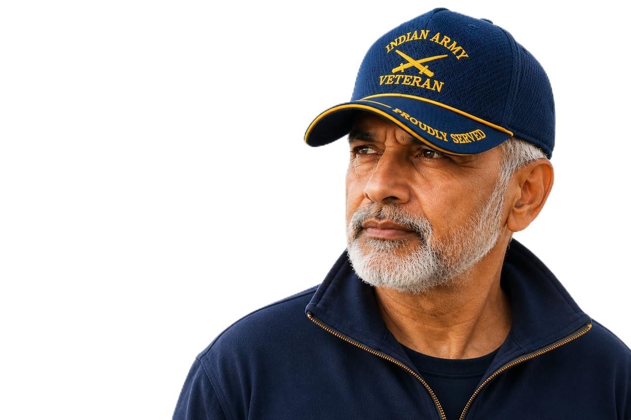Indian Army Veteran Sports Cap | Proudly Served Embroidered Blue Mesh Military Hat for Ex-Servicemen | Adjustable Free Size Breathable Baseball Trucker Cap-picture-46