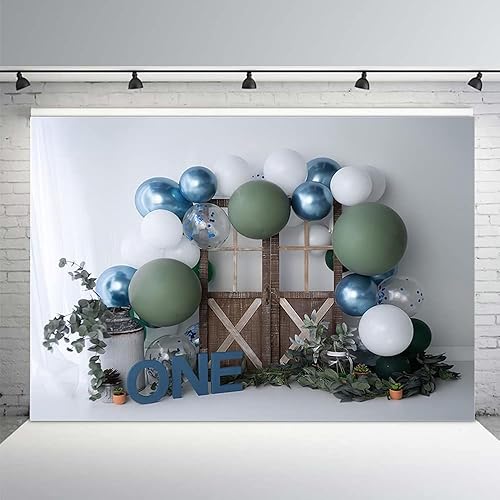 Miniatura 2 de MEHOFOND Telón de fondo de primer cumpleaños de 8 x 6 pies para niños, fondo rústico para fotografía de pastel, globos azules, accesorios para