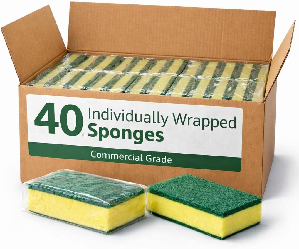 Heavy Duty Kitchen Sponges, Individually Wrapped, Green & Yellow Scrub Sponges – 40 Count, Medium Duty Cleaning Sponges for Dishes, Cookware & Surfaces