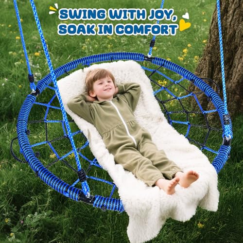 Image of Trekassy 750lbs 40 inch Spider Web Saucer Tree Swing for Kids Adults, Outdoor Net Swing with Steel Frame and 2 Hanging Straps-Blue+Black (Patented)