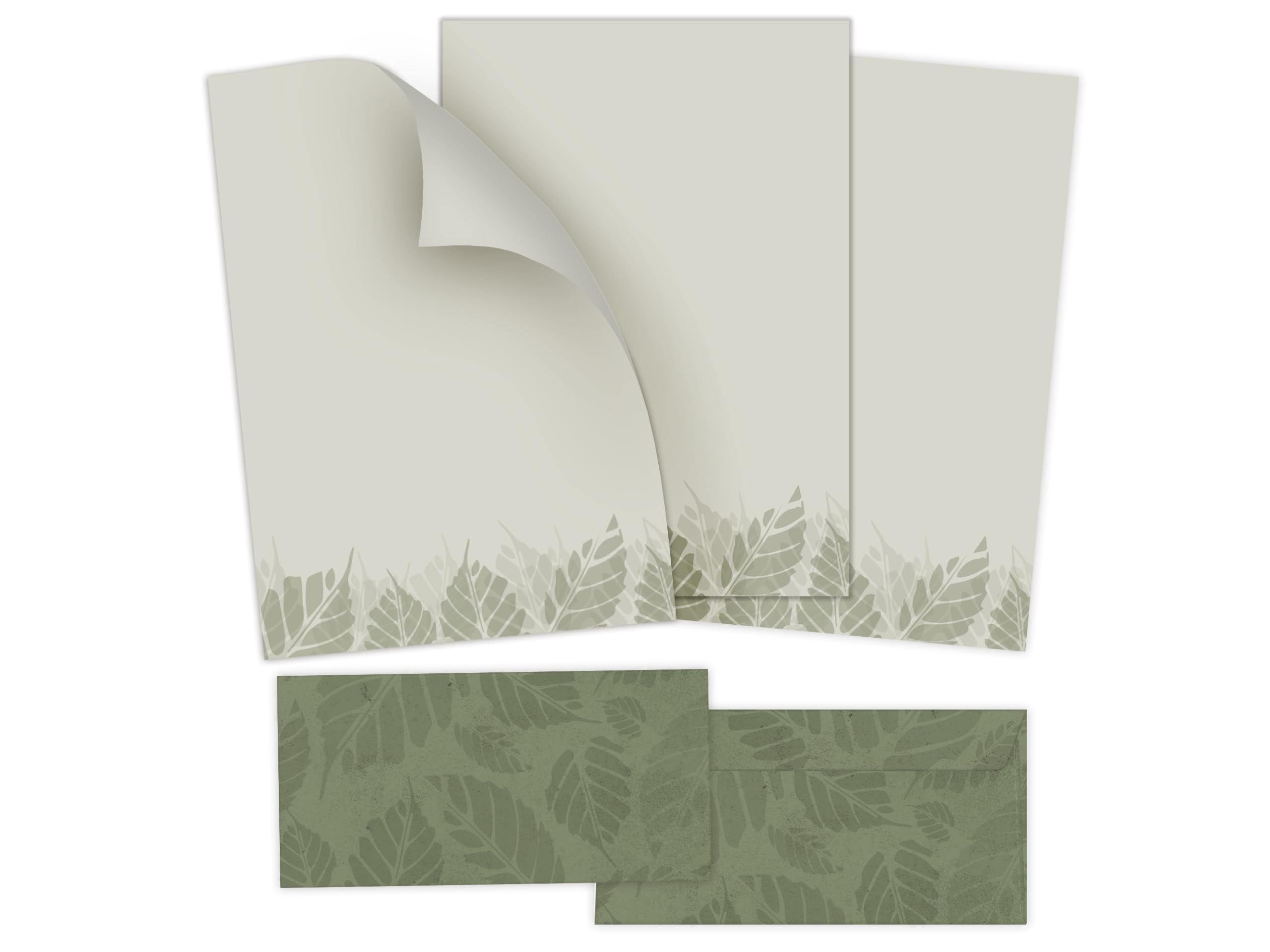 Briefpapier-Set 250 Briefbögen DIN A4 + 250 Umschläge DIN-lang ohne Fenster haftklebend - Papier beidseitig beschriftbar und bedruckbar für Taufe Kommunion Firmenpost naturelle hellgrüne Blätter