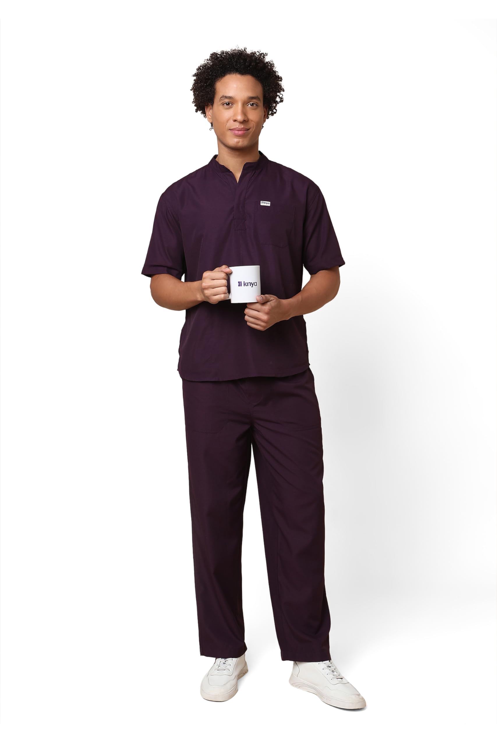 KNYA Classic Men's 5-Pocket Mandarin Collar Scrub Suit| Regular fit | Short Sleeves | For Doctors | (M, Wine)