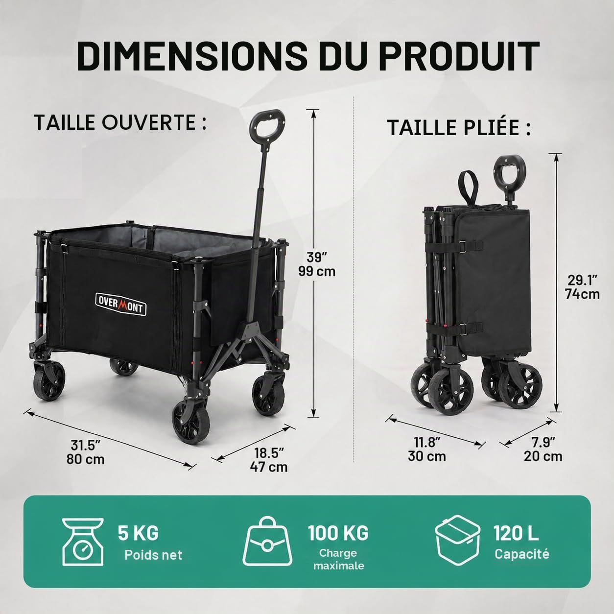 Overmont Chariot Pliable 3 en 1, 120 L Grande Capacité, Charge 100 kg, Chariot à Main avec Roues Tout-Terrain, Chariot de Transport Léger et Compact, pour Camping, Plage, Jardin, Courses et Sport
