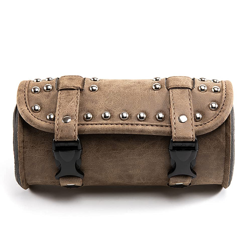 Borsa universale per attrezzi da manubrio di moto, in pelle ecologica in poliuretano, marrone, con rivetti, per Sissy Bar o portapacchi posteriore