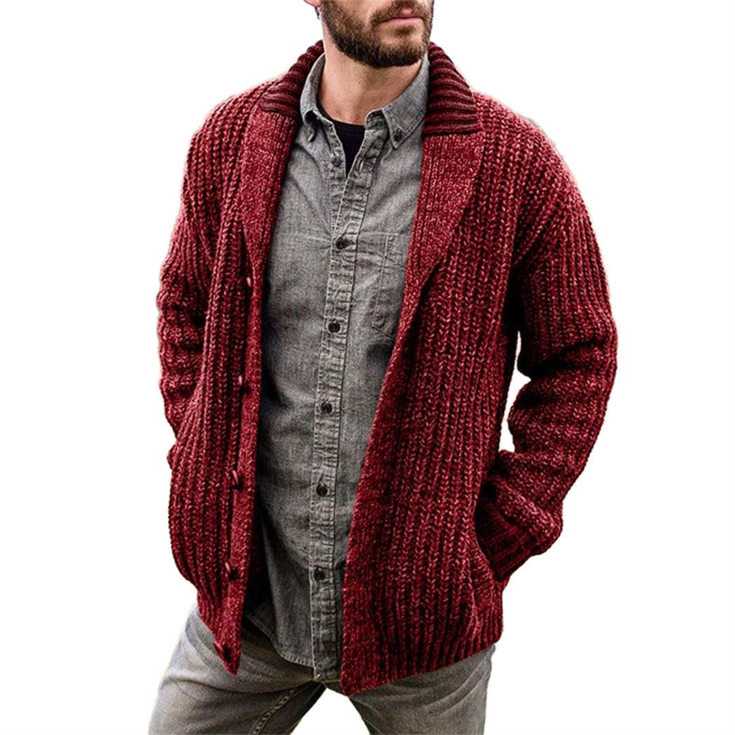 Wekumgy Men's Wine Cardigan Casual Long Sleeve Shawl Collar Button Down Comfort Cable Knit Sweater Cardigans