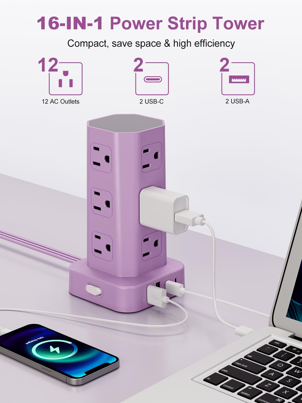 Power Strip Tower Surge Protector - 16 Outlets & USB -2
