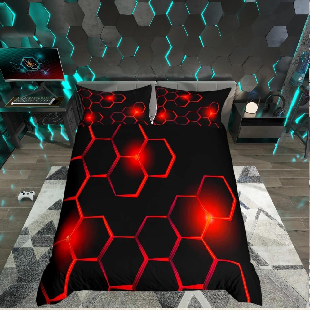 Loussiesd Cot Kids Honeycomb Bedding Set Ice Sports Games Duvet Cover for Boys Children Teens Bedroom Decor Geometrical Comforter Cover Set Beehive Geometric Black Red Bedspread with 1 Pillow Case