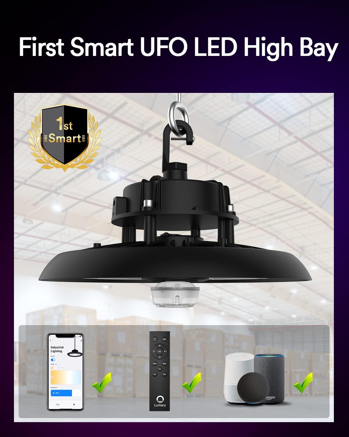 Lumary 22,000Lm Smart UFO LED High Bay Light Remote 150W, Compatible with Alexa/Google-Hub (Sold Separately), 2700K-6500K Dimmable, Hanging Shop Lights for Garage Workshop Factory Gym Barn