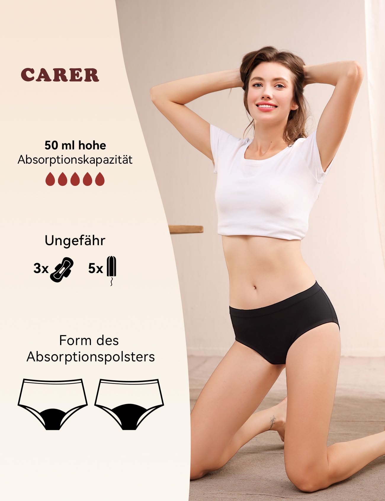 Carer 5er Set Periodenunterwäsche für Damen und leichte Inkontinenz – Waschbare Menstruationsunterwäsche mit 50 ml sofortiger Saugeinlage komfortable und wiederverwendbare Periodenhöschen Größe S