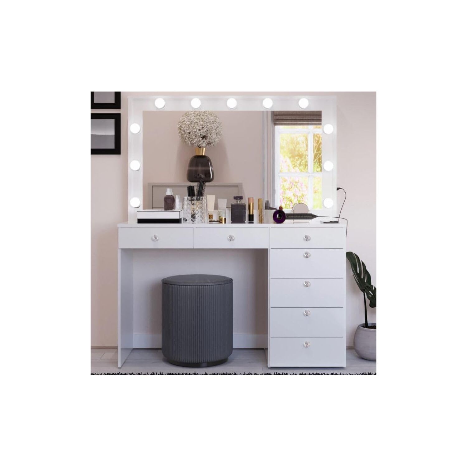Boahaus Serena White Makeup Vanity with Mirror and 11 Lights, 7 Drawers, Glass Top, Crystal Knobs, USB-A & USB-C Ports, 110V Power Outlet, Bedroom Vanity Desk (White-1)
