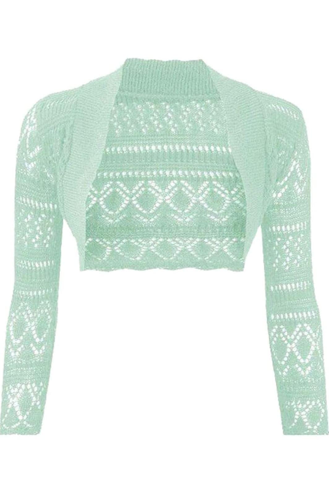 JJ CLOTHING Women's Long Sleeve Crochet Bolero Shrug Plain Cropped Knitted Open Cardigan (Mint, M/L)