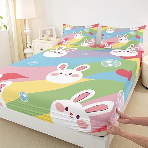 Miniatura 5 de Erosebridal Lindas sábanas bajeras de conejo arcoíris para niñas, juegos de ropa de cama de conejos, funda de cama individual a rayas coloridas,
