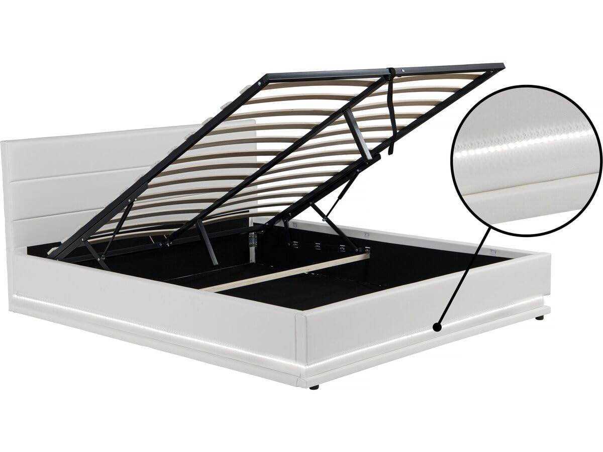 Habitat et Jardin - Lit Double LED Anastasia en Simili Blanc avec Coffre Rangements 160 x 200 cm | Cadre de Lit 2 Places Design | Sommier à Lattes et Tête de Lit Inclus