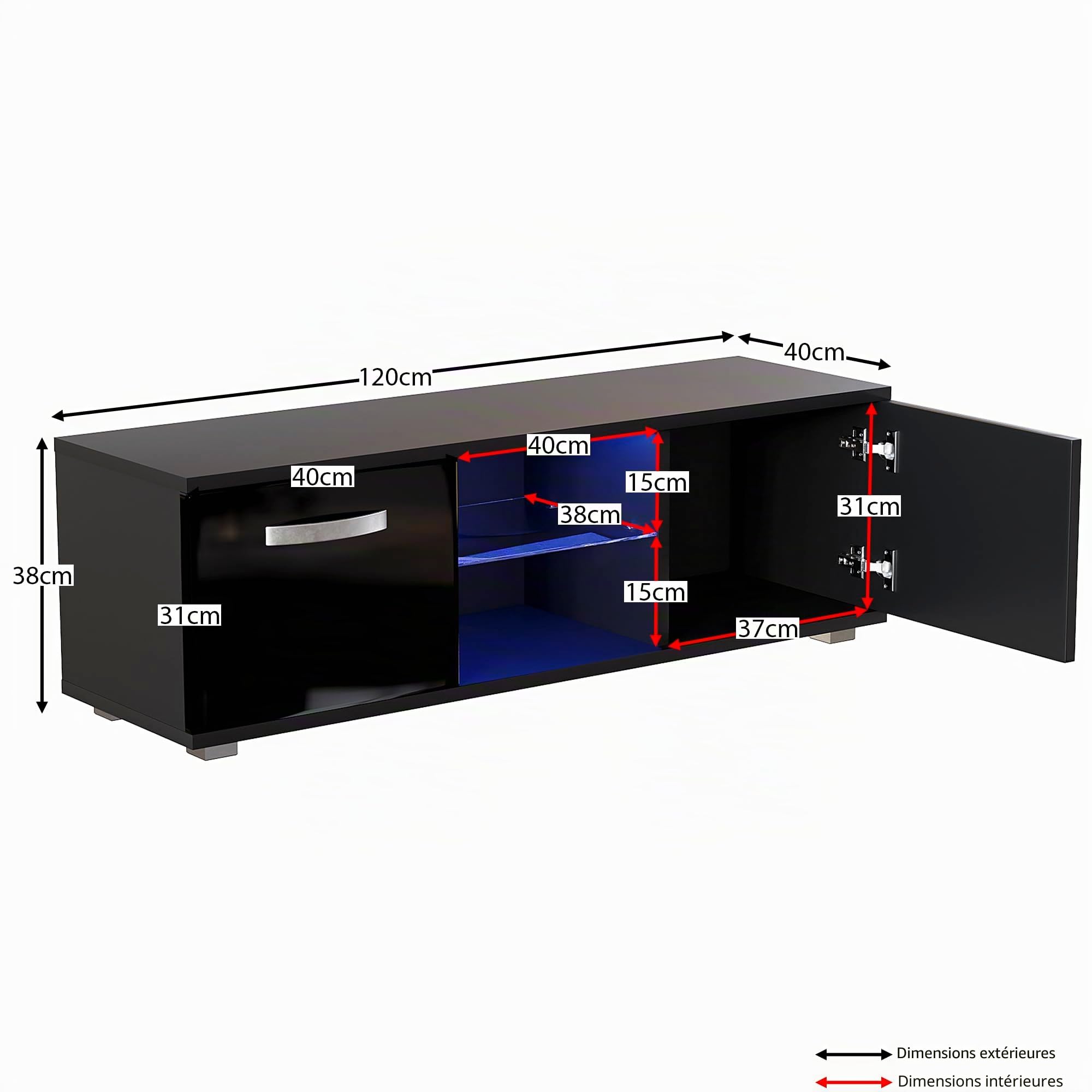 Vida Designs Cosmo Meuble TV LED 2 Portes Moderne Brillant Mat MDF Meuble de Salon Meuble Media Meuble Meuble RGB Noir Clair 120 cm
