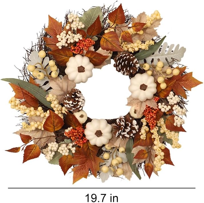 Miniatura 6 de Decoración de otoño, coronas de otoño de 20 pulgadas para puerta delantera, corona de cosecha de otoño con calabaza blanca, cono de pino, bayas y