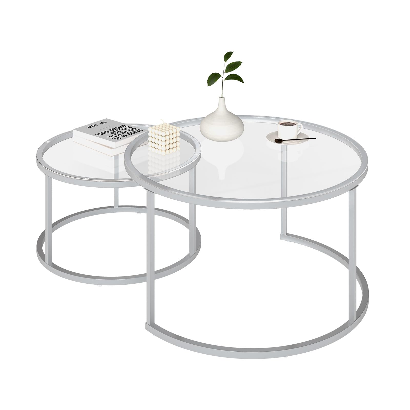 Juego de 2 Mesas de Centro Nido Redondas de Cristal Templado y Metal Plateado, Mesas Auxiliares Modernas para Salón, Mesa Baja de Salón Grande 80x45cm y Pequeña 60x35cm
